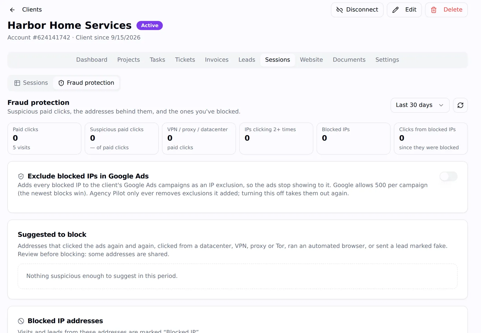 The Fraud protection view for a client: paid clicks, suspicious paid clicks, VPN or datacenter clicks, repeat clickers, blocked IPs, the Exclude blocked IPs in Google Ads switch, suggestions and the blocked list