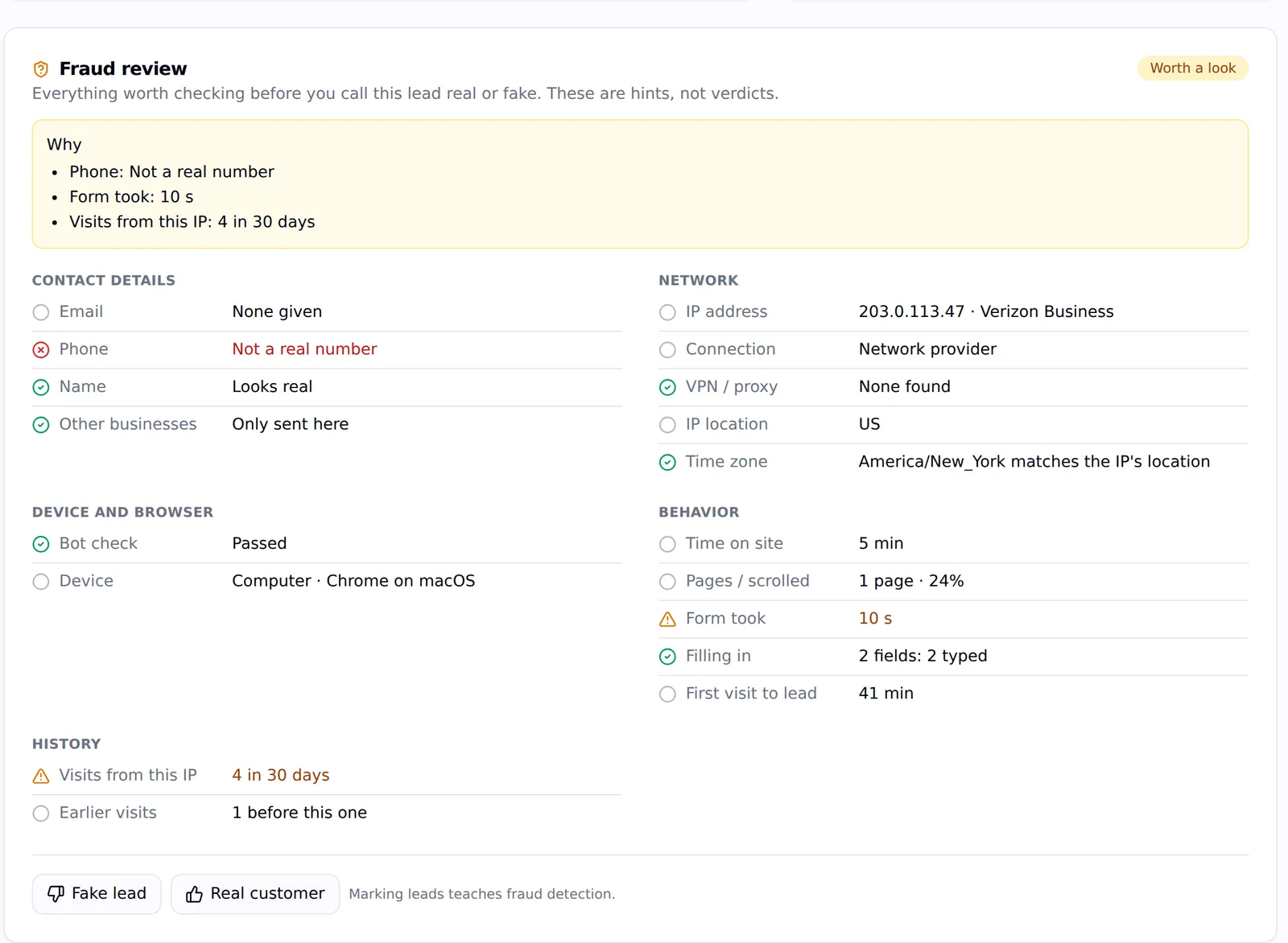 The fraud review on a lead: phone not a real number, form took 10 seconds, four visits from this IP in 30 days, with contact, network, device and behaviour checks