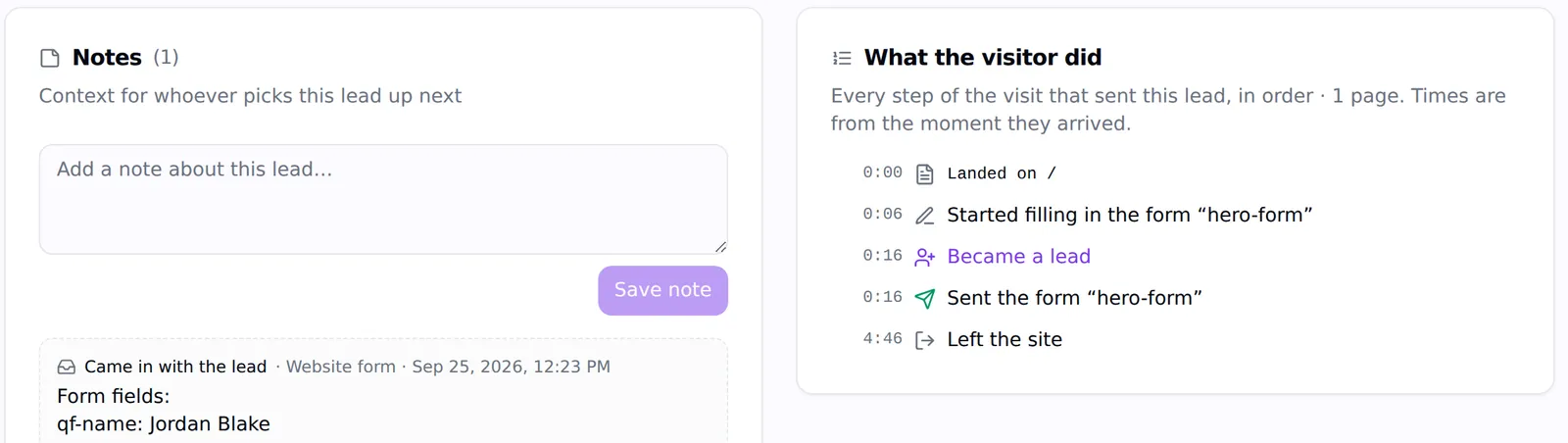 A lead's notes and the timeline of what the visitor did before becoming a lead