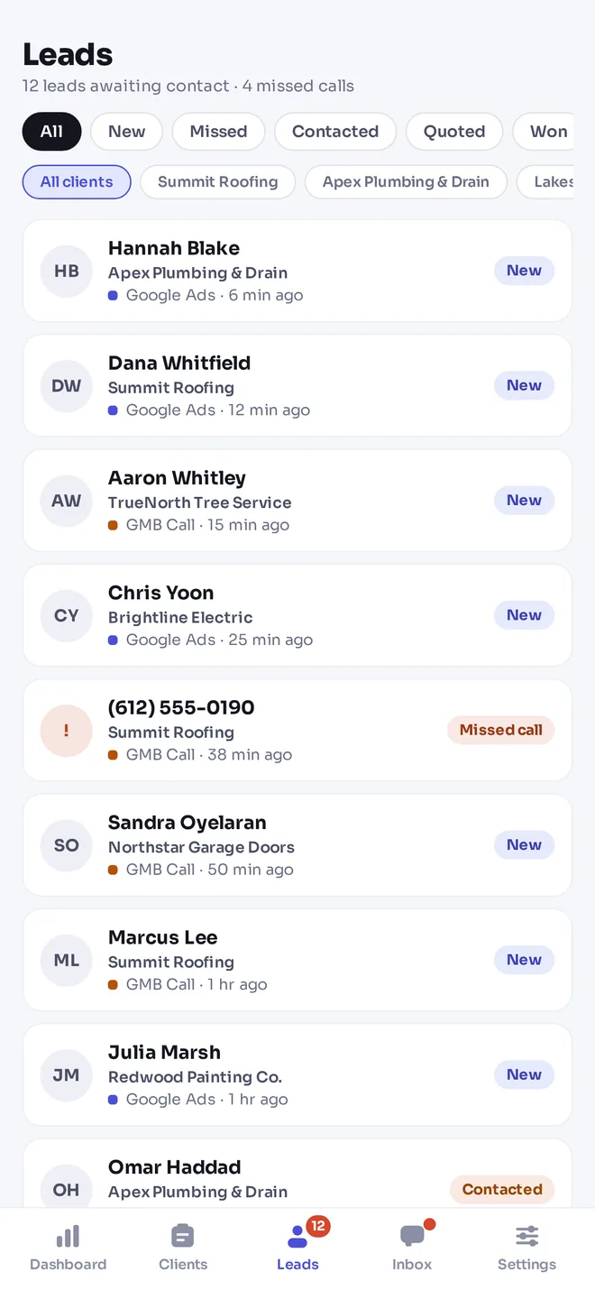 Leads across all clients in the app with status filters