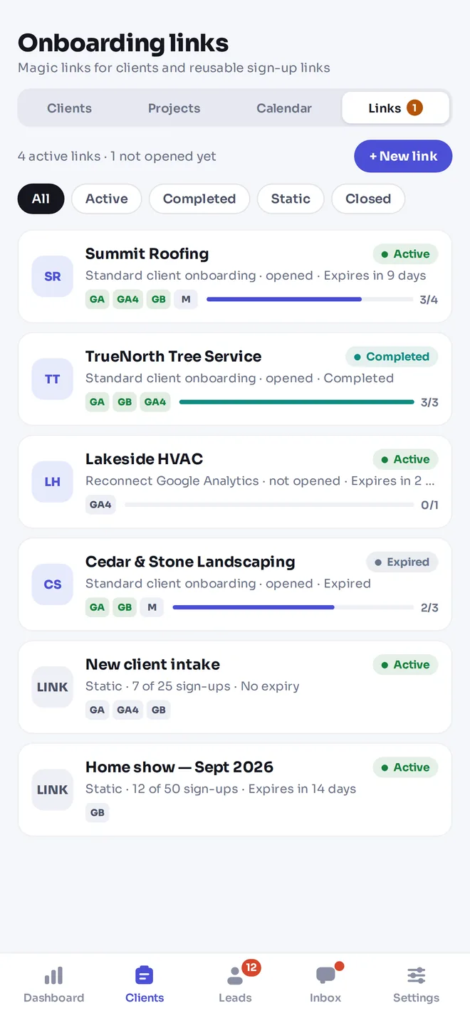 Onboarding links in the app with their status and platforms