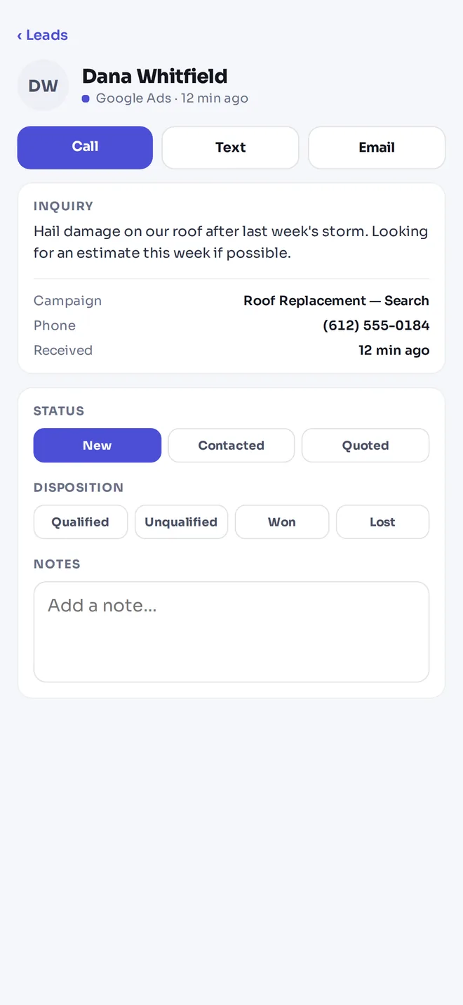 A lead in the app with Call, Text and Email buttons, the enquiry and status buttons