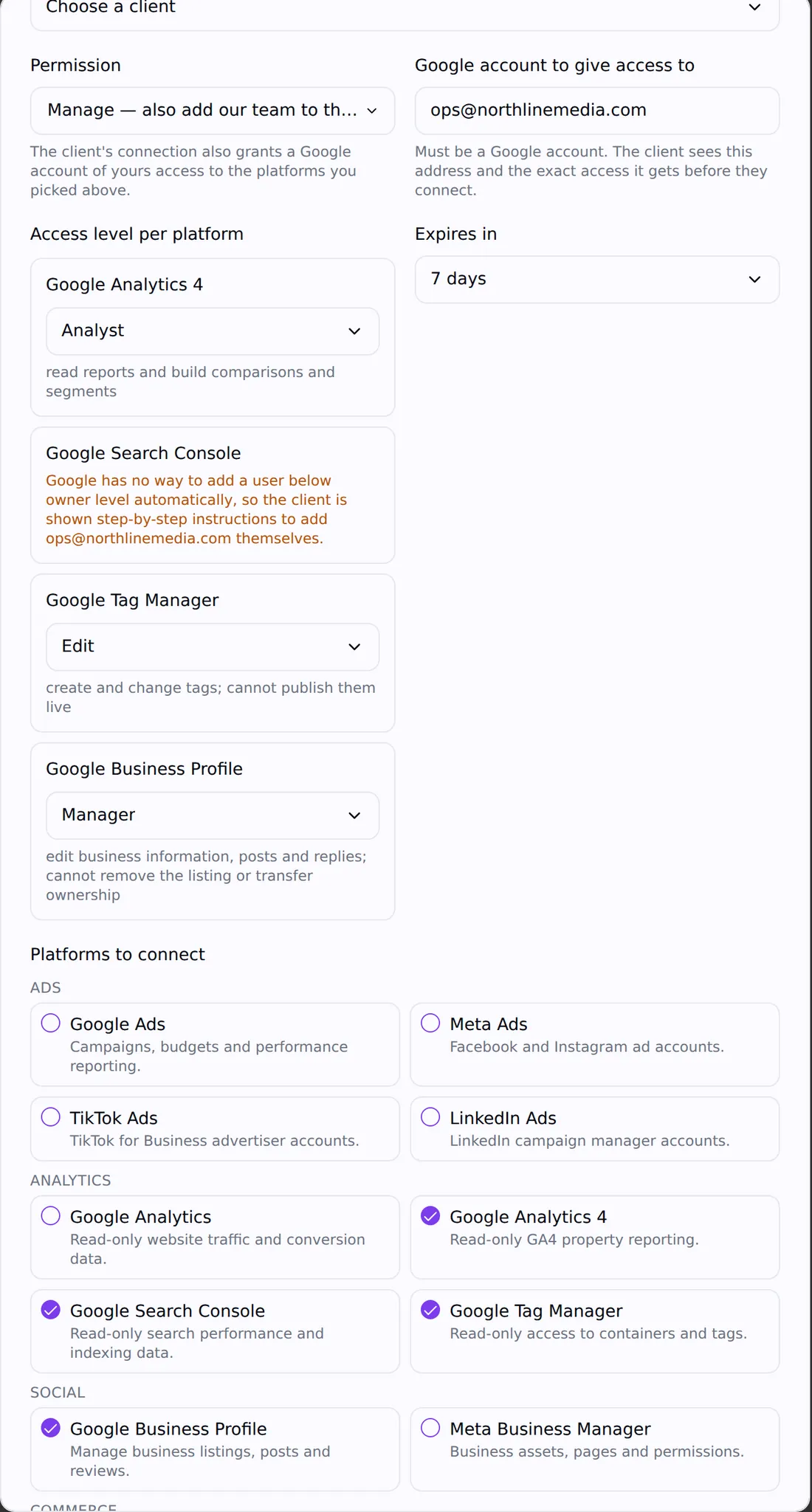 The New onboarding link dialog in Agency Pilot with per-platform access levels and Google products selected