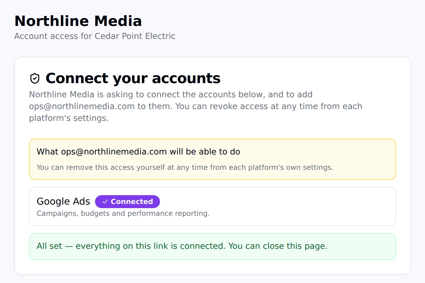 The page a client sees when they open an Agency Pilot onboarding link, listing what the agency will be able to do