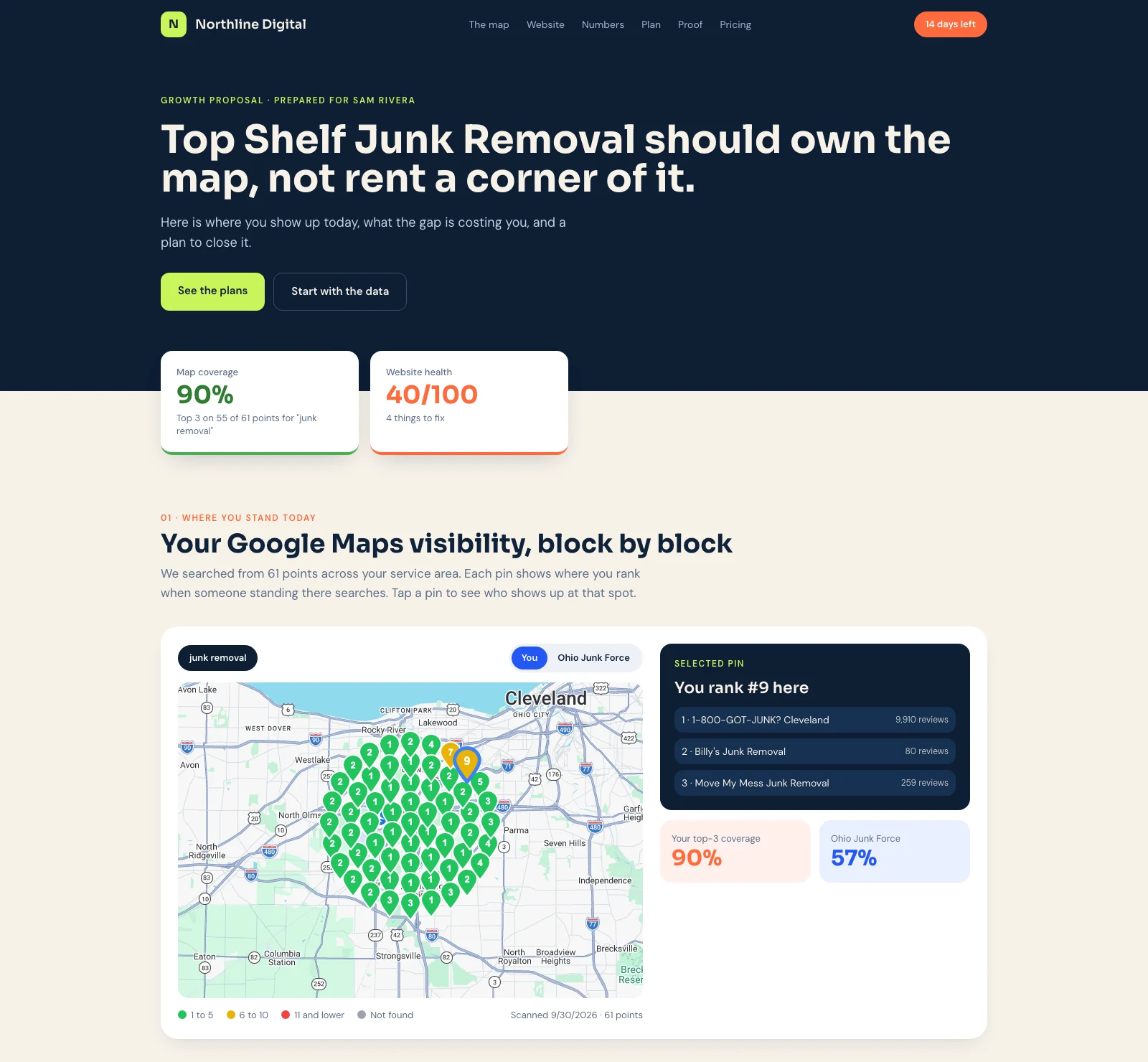 A proposal page showing the prospect's Google Maps visibility, with a ranking for each pin and the website score