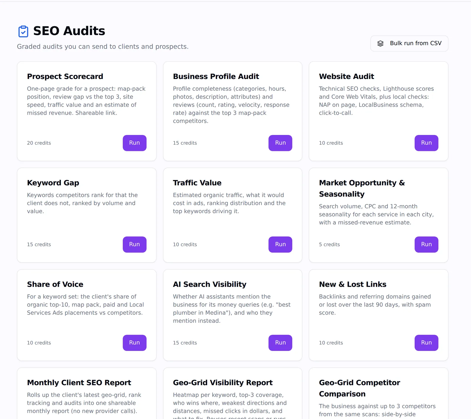 The Agency Pilot SEO Audits catalogue with Prospect Scorecard, Business Profile Audit, Website Audit and more