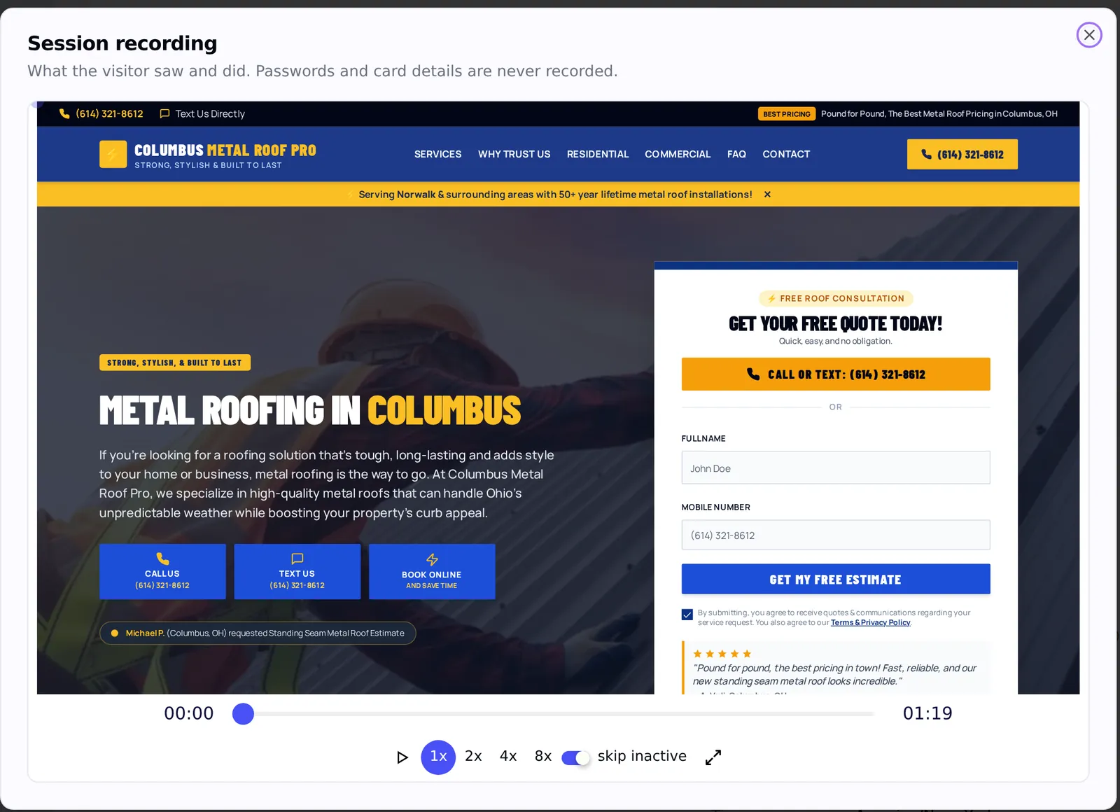 A session recording playing back a visit to a roofing company's landing page, with playback speed controls