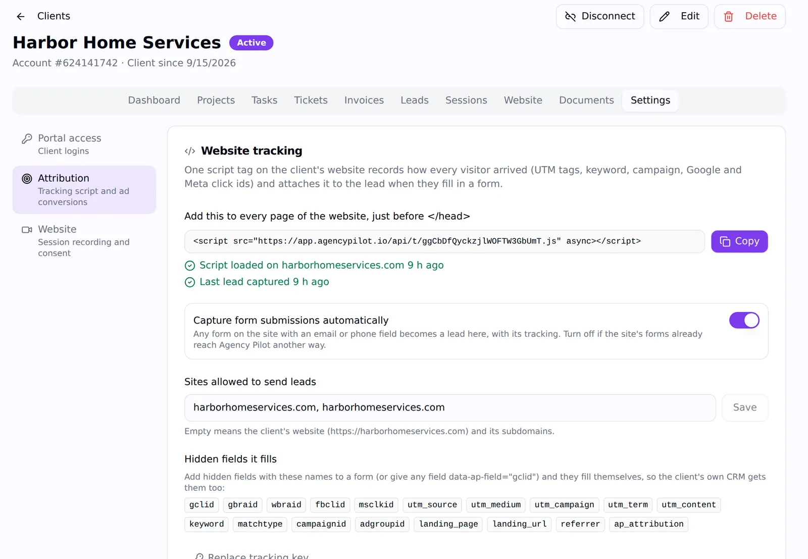 The Website tracking settings with the one-line script, capture toggle, allowed sites and hidden fields list